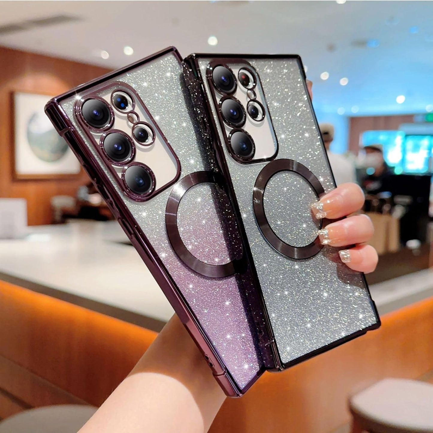 Eiyikof for Samsung Galaxy S22 Ultra Magnetic Glitter Case,Luxury Full Protection Glitter Bling Case with Camera Lens Protector Anti-Scratch Shockproof Soft Back Cover for Girls Women-Purple  Eiyikof   