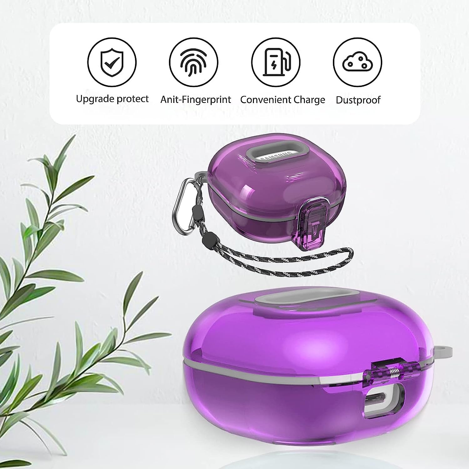 Miimall [Upgrade Secure Lock] Case Compatible for Samsung Galaxy Buds 2/Galaxy Buds Pro 2/ Galaxy Buds Live/Galaxy Buds Pro Case with Lanyard &Carabiner Accessories, Clear Replacement Case (Purple)  Miimall   