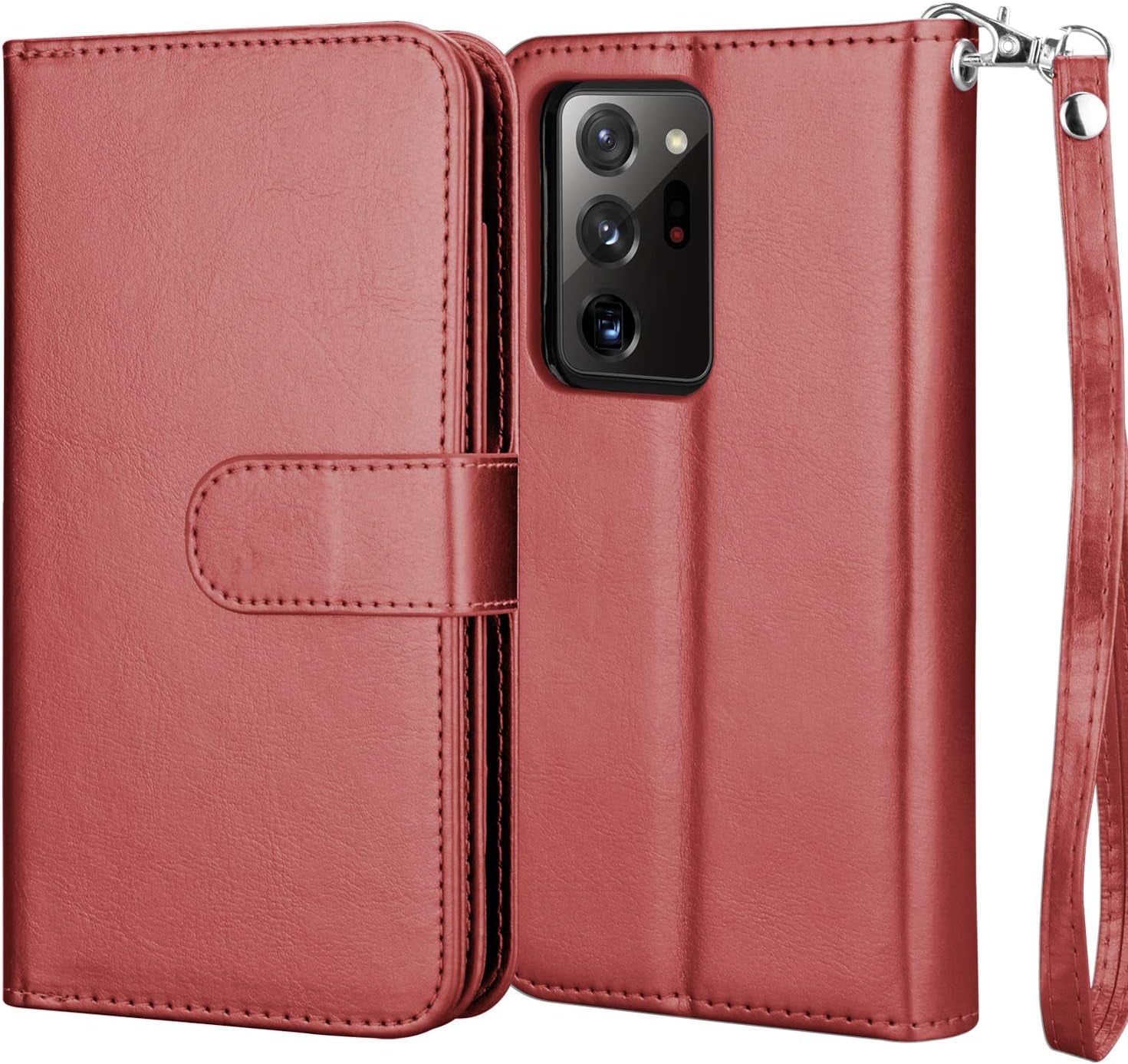Njjex Galaxy Note 20 5G Wallet Case - Wine Red, 9 Card Slots, PU Leather, Detachable Kickstand, Magnetic Cover & Lanyard  NJJEX   
