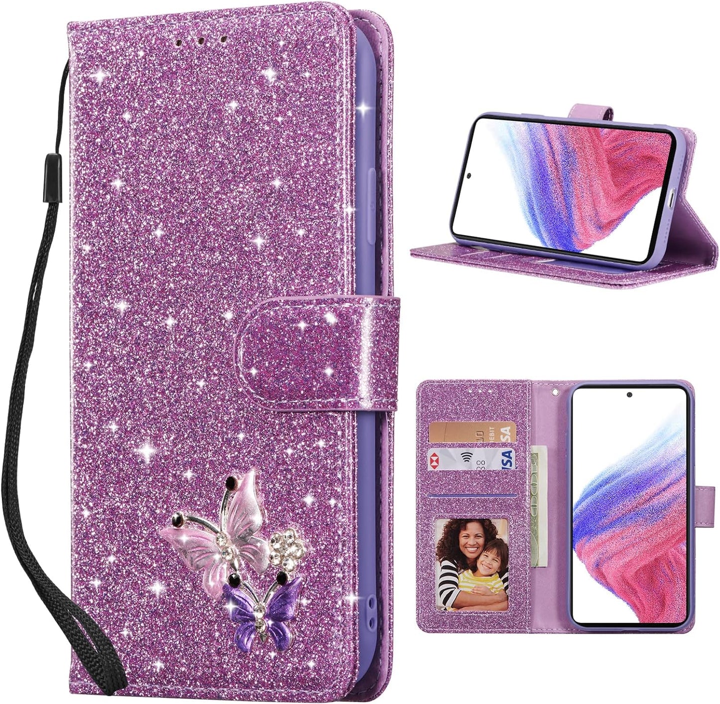 UEEBAI Wallet Case for Samsung Galaxy A53 5G, Premium Glitter PU Leather Phone Case Card Slots Kickstand Case Magnetic Closure Bling Handbag Case Shockproof Hand Strap Flip Cover - Glitter Purple  UEEBAI   