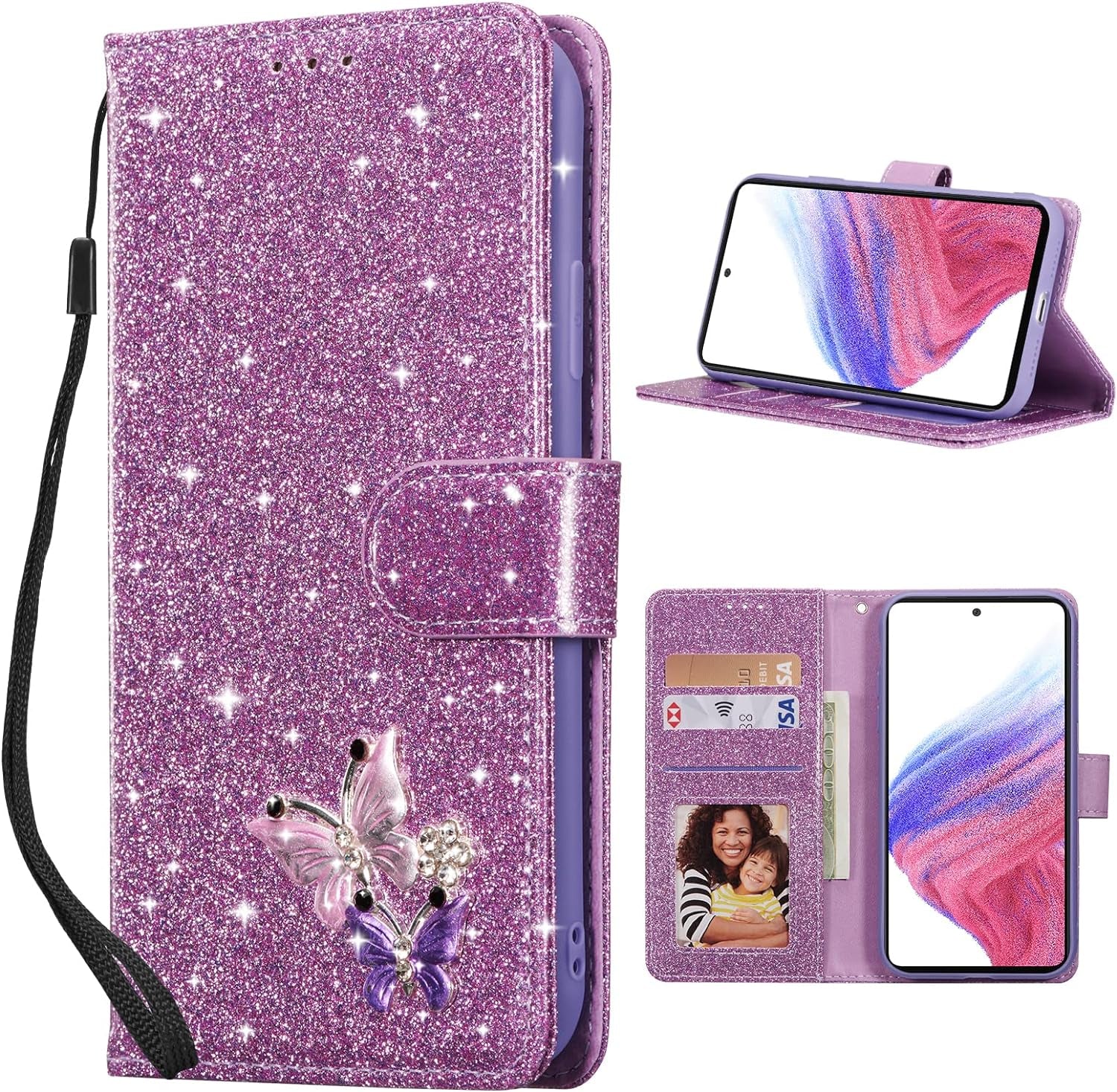 UEEBAI Wallet Case for Samsung Galaxy A53 5G, Premium Glitter PU Leather Phone Case Card Slots Kickstand Case Magnetic Closure Bling Handbag Case Shockproof Hand Strap Flip Cover - Glitter Purple  UEEBAI   