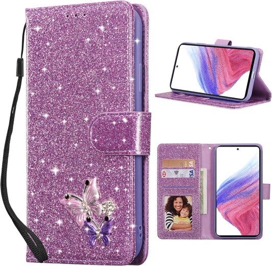 UEEBAI Wallet Case for Samsung Galaxy A53 5G, Premium Glitter PU Leather Phone Case Card Slots Kickstand Case Magnetic Closure Bling Handbag Case Shockproof Hand Strap Flip Cover - Glitter Purple  UEEBAI   