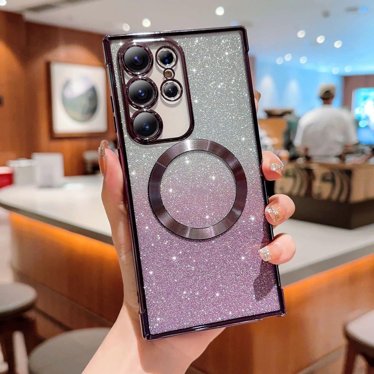 Eiyikof for Samsung Galaxy S22 Ultra Magnetic Glitter Case,Luxury Full Protection Glitter Bling Case with Camera Lens Protector Anti-Scratch Shockproof Soft Back Cover for Girls Women-Purple  Eiyikof   