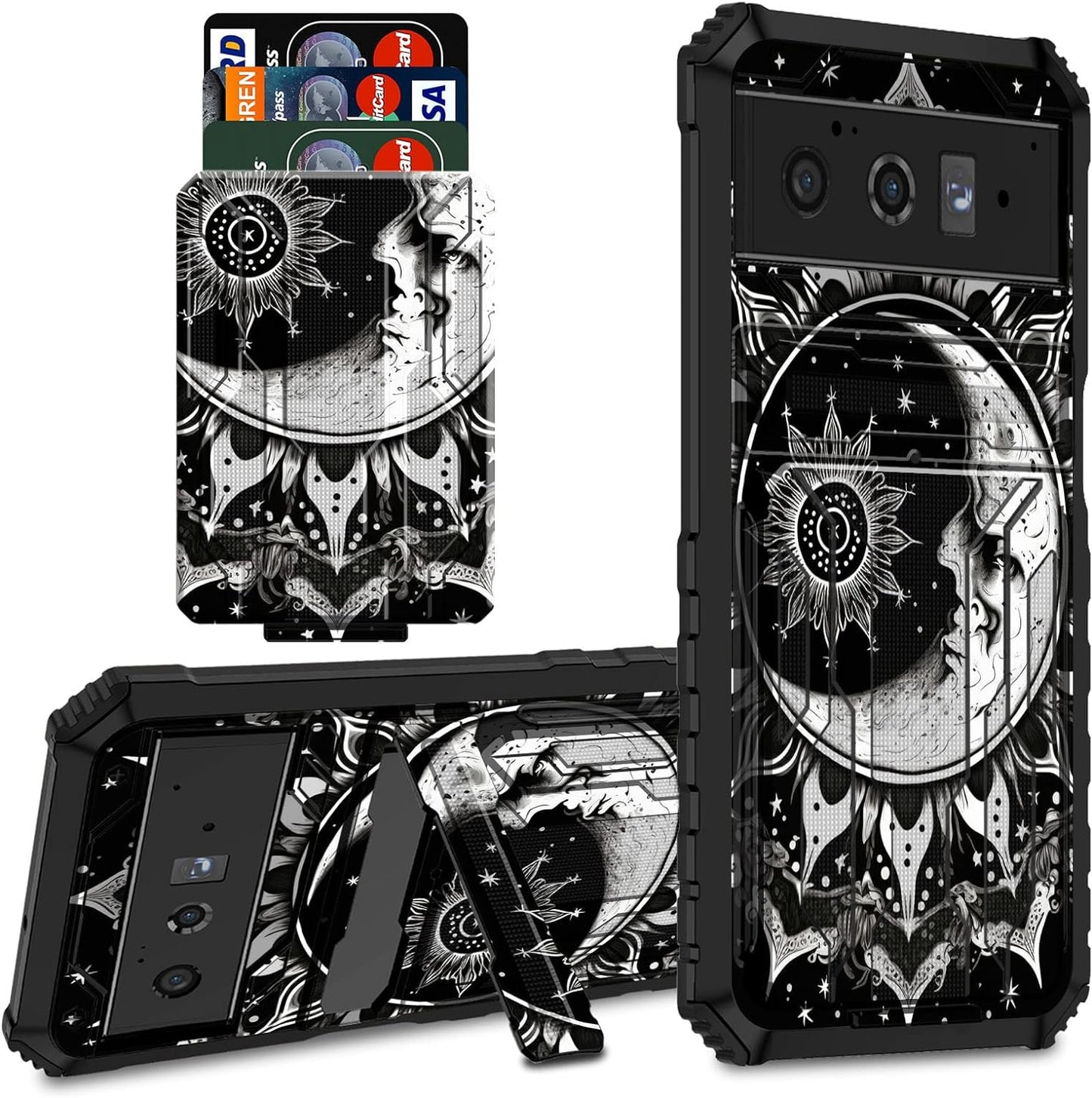 CGFGHHUY for Google Pixel 6 Pro Case for Pixel 6 Pro Wallet Case with Credit Card Holder & Kickstand Dual Layer Hard PC Soft TPU Protective Case for Google Pixel 6 Pro 6.7 Inch 2021 - Moth Moon Sun  CGFGHHUY Moon And Sun For Pixel 6 Pro 6.7 Inch 