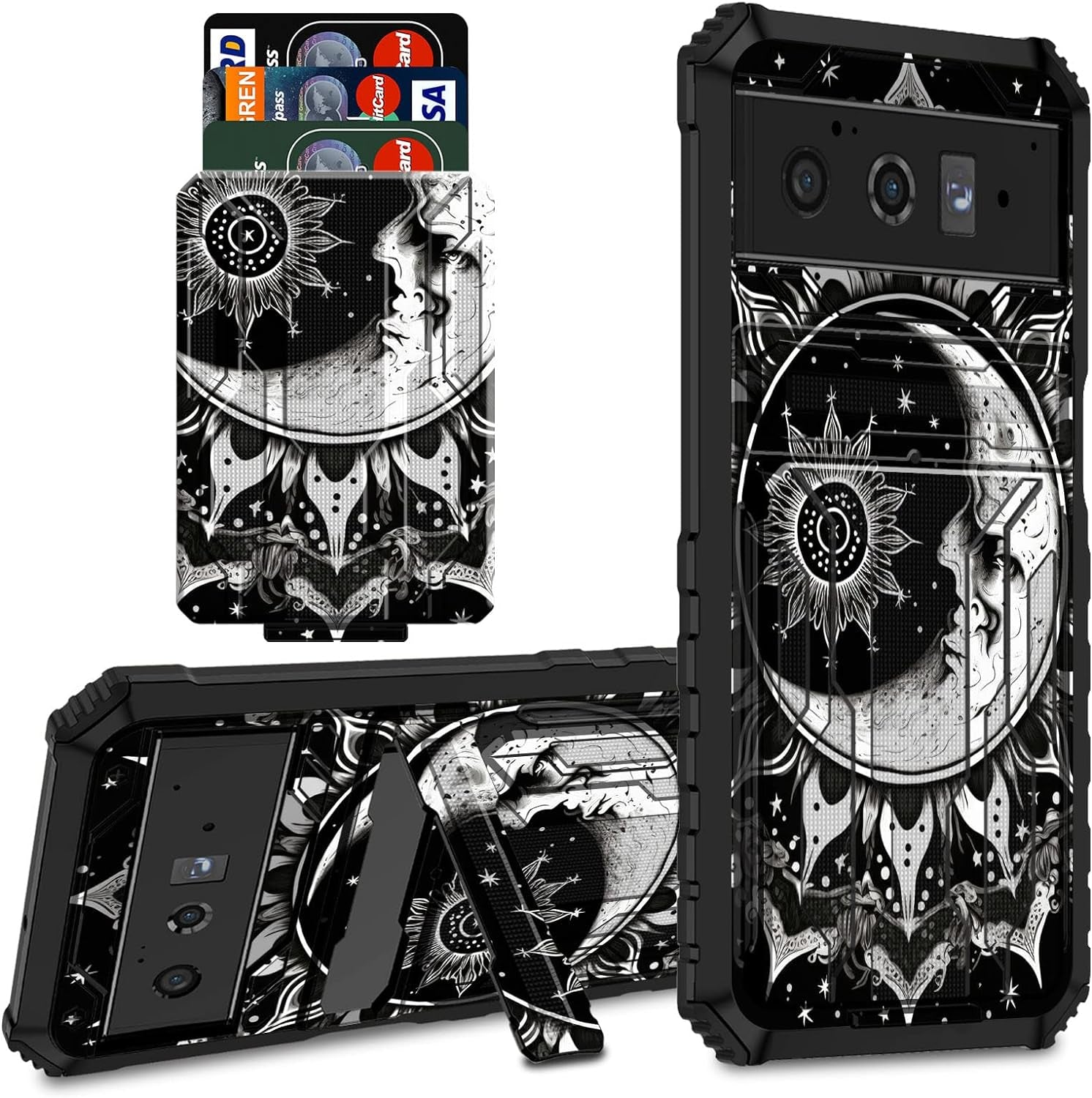 CGFGHHUY for Google Pixel 6 Pro Case for Pixel 6 Pro Wallet Case with Credit Card Holder & Kickstand Dual Layer Hard PC Soft TPU Protective Case for Google Pixel 6 Pro 6.7 Inch 2021 - Moth Moon Sun  CGFGHHUY Moon And Sun For Pixel 6 Pro 6.7 Inch 