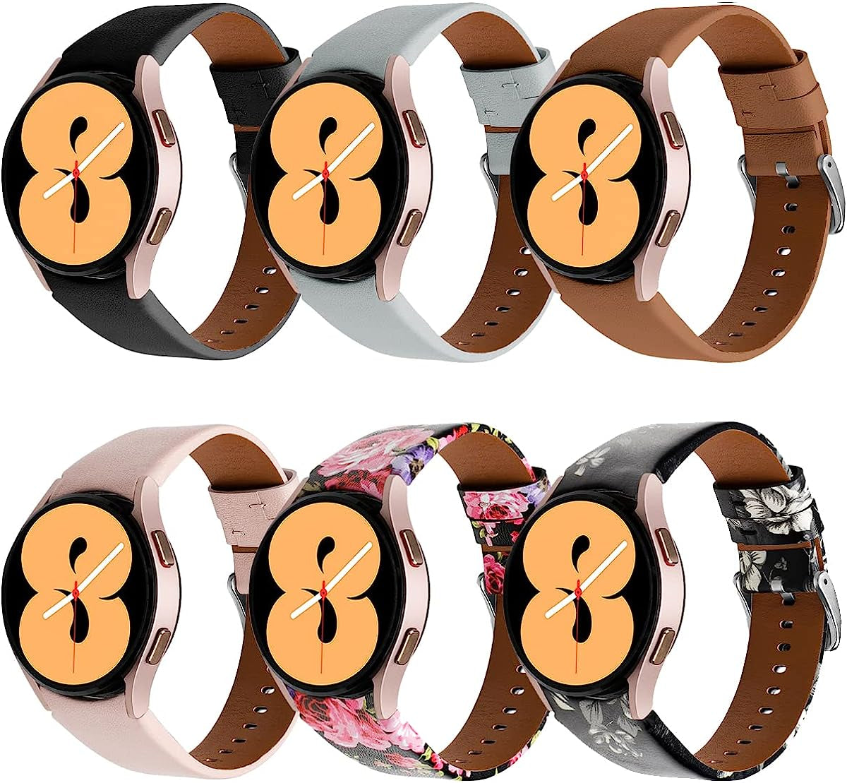 Genuine Leather Bands Compatible for Samsung Galaxy Watch 4 Band 40Mm 44Mm,20Mm Adjustable Sport Replacement Watch Band Straps for Galaxy Watch 4 Classic Band 42Mm 46Mm Women Men  通用 6 Pack  