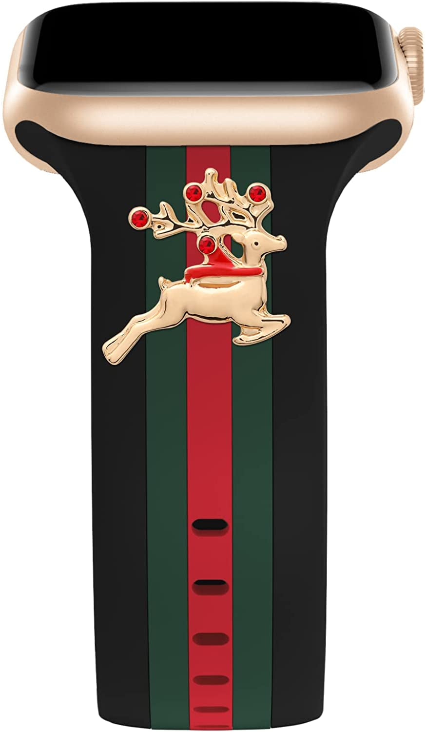 Designer Band with Charms Decor Compatible with Apple Watch Band 38Mm 40Mm 41Mm 42Mm 44Mm 45Mm 49Mm Women Men, Stylish Silicone Sport Wristbands for Iwatch Series 8 7 6 5 4 3 2 1 SE Ultra  Bagoplus Black/Green/Red-Elk 38mm/40mm/41mm 