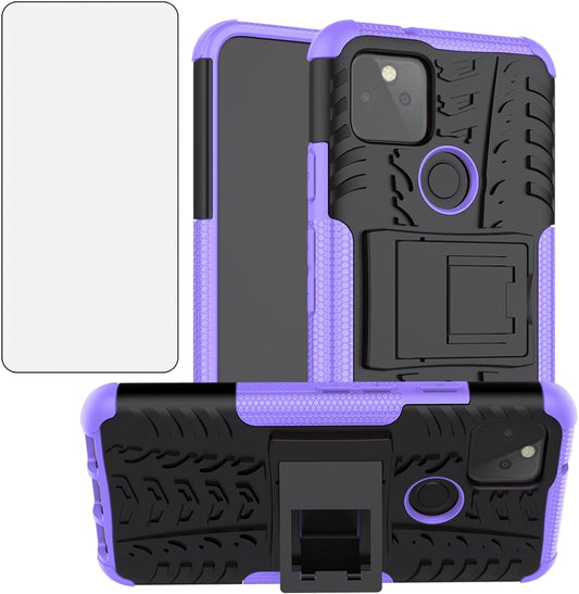 Asuwish Phone Case for Google Pixel 5 with Tempered Glass Screen Protector and Slim Stand Hybrid Heavy Duty Rugged Protective Cell Cover Pixel5 5G Pixle Five G5 Kickstand Mobile Women Men Purple  Asuwish   