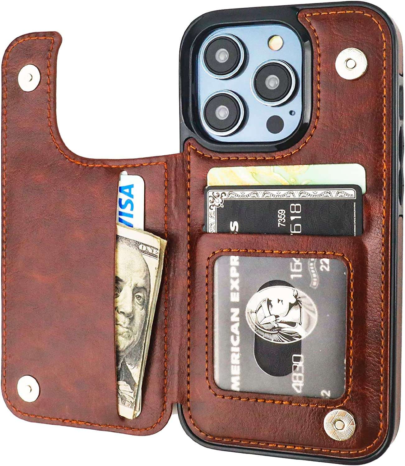 ONETOP Compatible with Iphone 14 Pro Wallet Case with Card Holder, PU Leather Kickstand Card Slots Case, Double Magnetic Clasp and Durable Shockproof Cover 6.1 Inch (Blue)  Onetop Brown  
