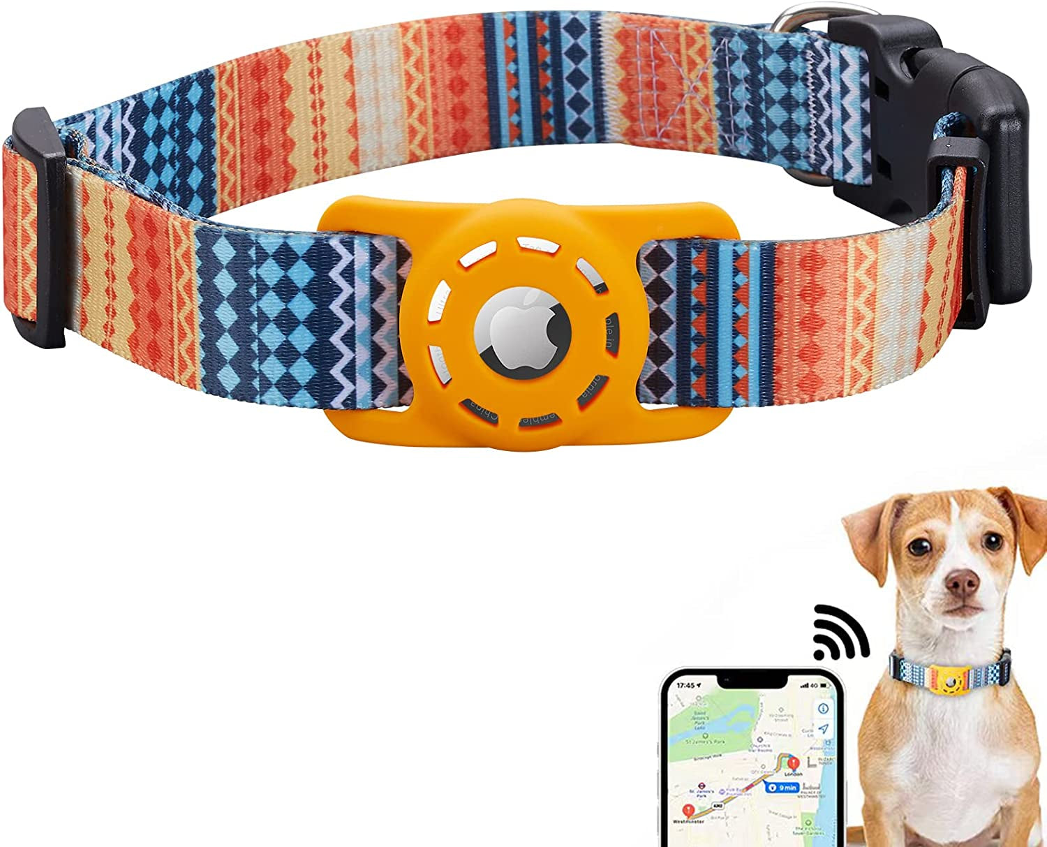 KONITY Reflective Airtag Dog Collar, Compatible with Apple Airtag, Nylon Pet Cat Puppy Collar with Silicone Airtag Holder for Small, Medium, Large, and Extra Large Dogs  Konity Bohemia Orange S: 9.8"-15.7" neck 