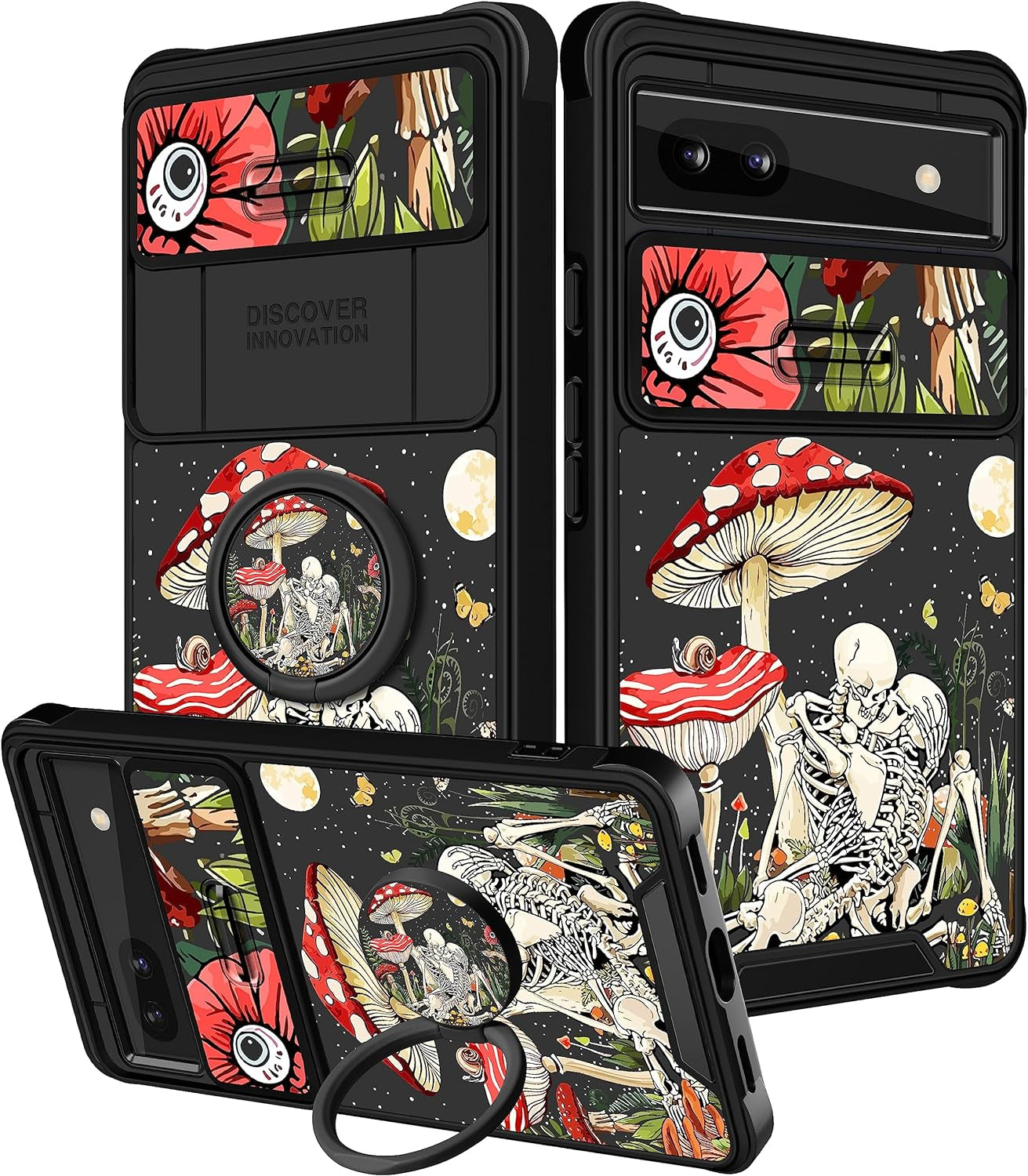 Funermei (2In1 for Google Pixel 6A Case for Women Cute Butterfly Girls Cover Girly Kawaii Aesthetic Butterfly Unique Design with Camera Cover and Ring Stand Funda for Google Pixel 6A Phone Case  Funermei 3-Mushroom Skull  