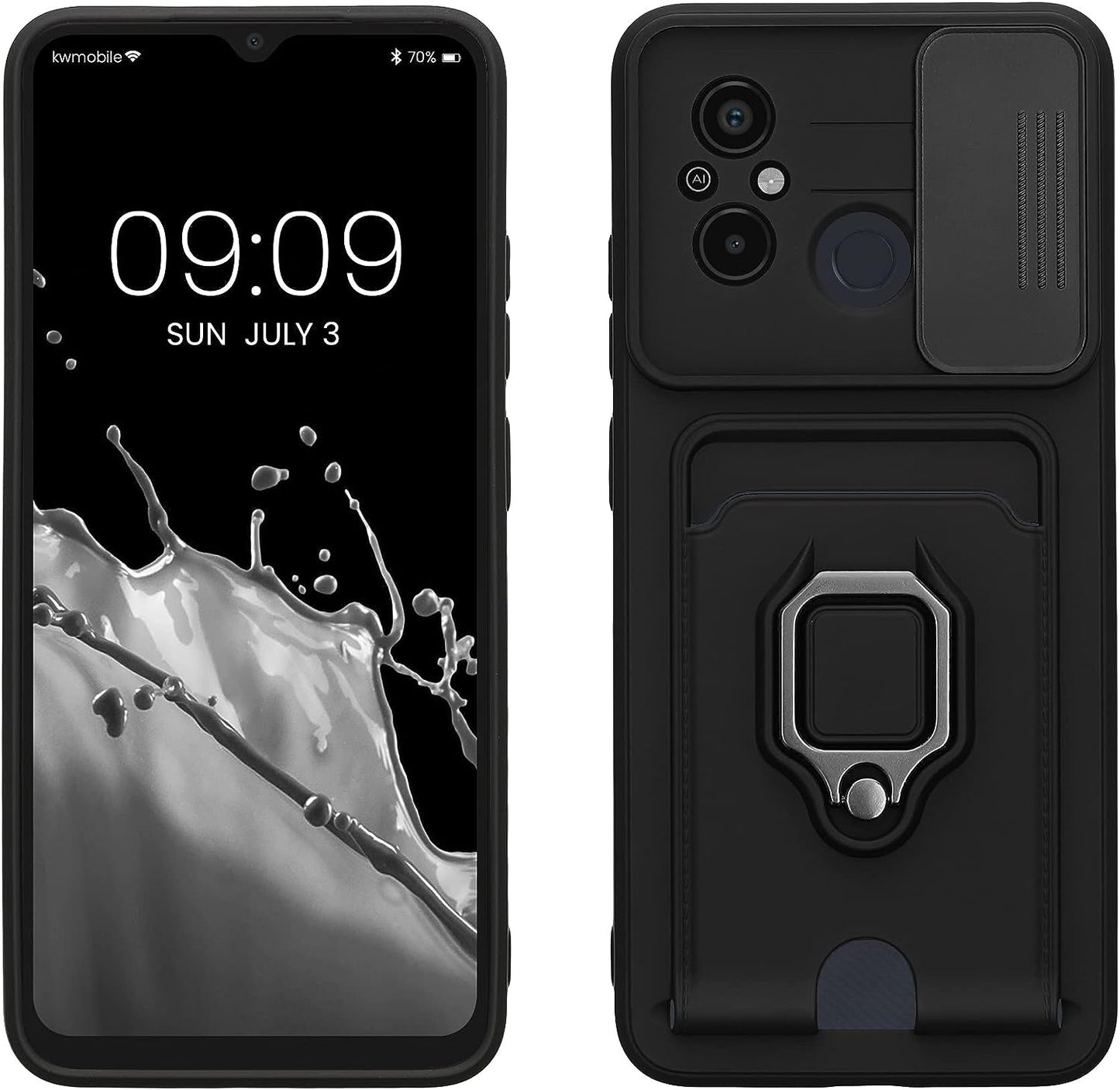 Kwmobile Plastic Case Compatible with Xiaomi Redmi 12C - Case with Metal Stand Card Slot Finger Holder - Black  KW-Commerce   