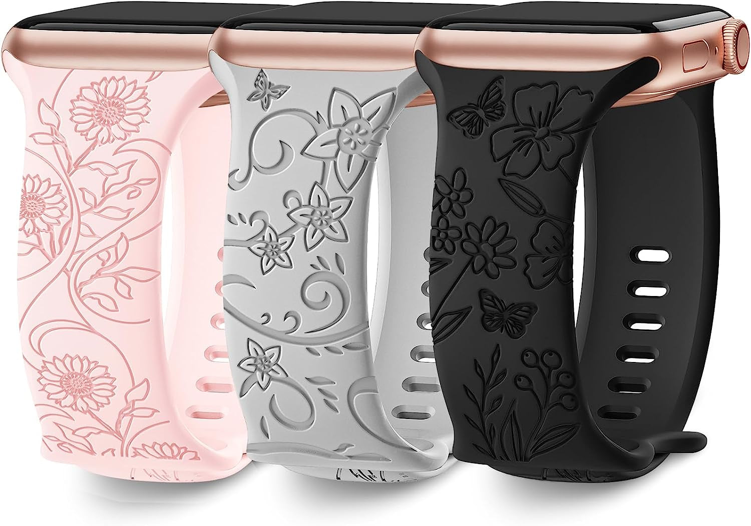 3 Pack Floral Engraved Bands Compatible with Apple Watch Band 40Mm 41Mm 38Mm 42Mm 44Mm 45Mm 49Mm Women,Soft Silicone Cute Wildflowers Sport Laser Strap for Iwatch Bands Series Ultra SE 8 6 5 4 3 2 1  AMSKY Black/Grey/Pink Sand 38/40/41 mm 