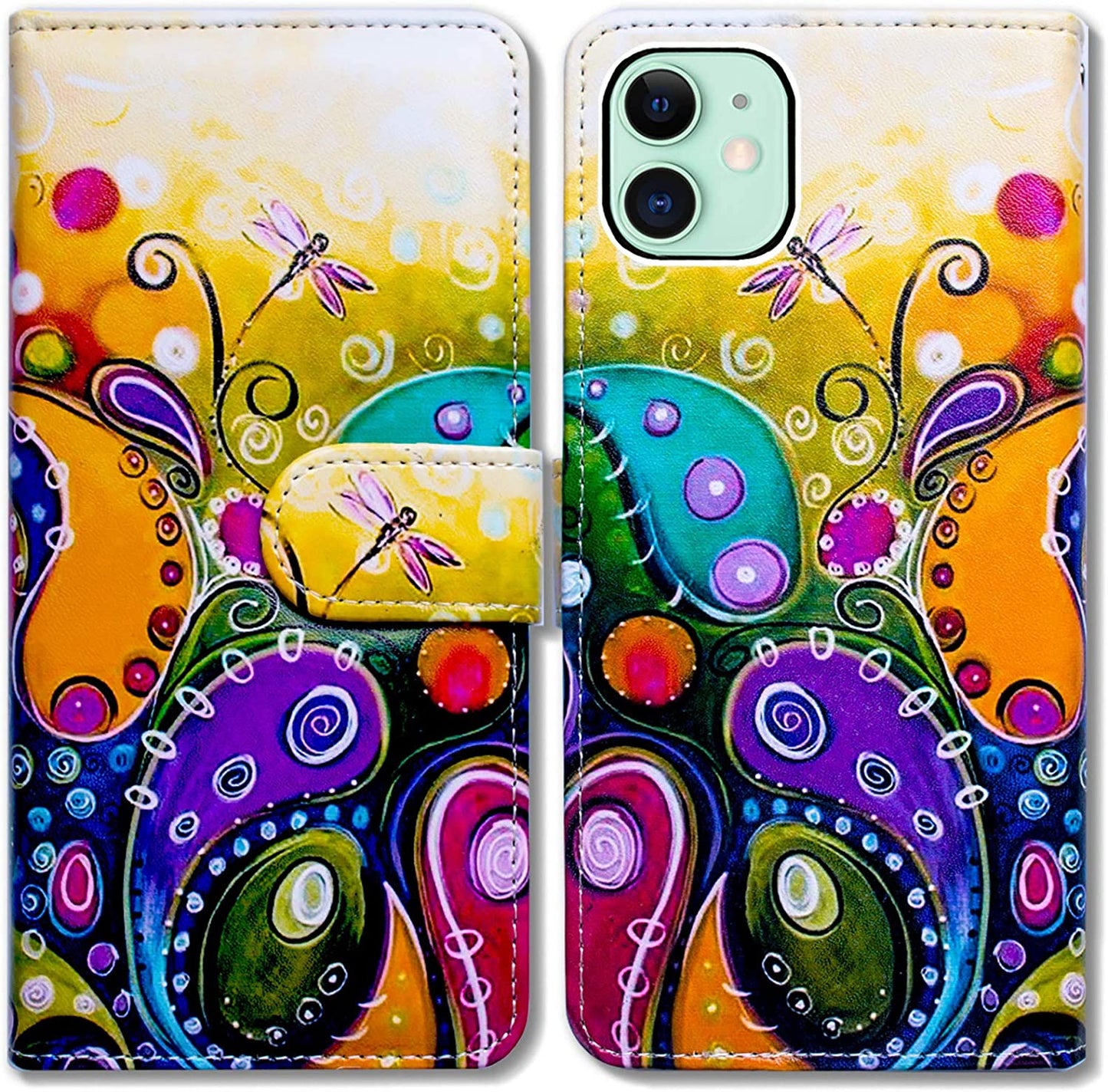 Bcov Iphone 13 Case,Blue Butterfly Flowers Rose Leather Flip Phone Case Wallet Cover with Card Slot Holder Kickstand for Iphone 13  Bcov Colorful Dragonfly  