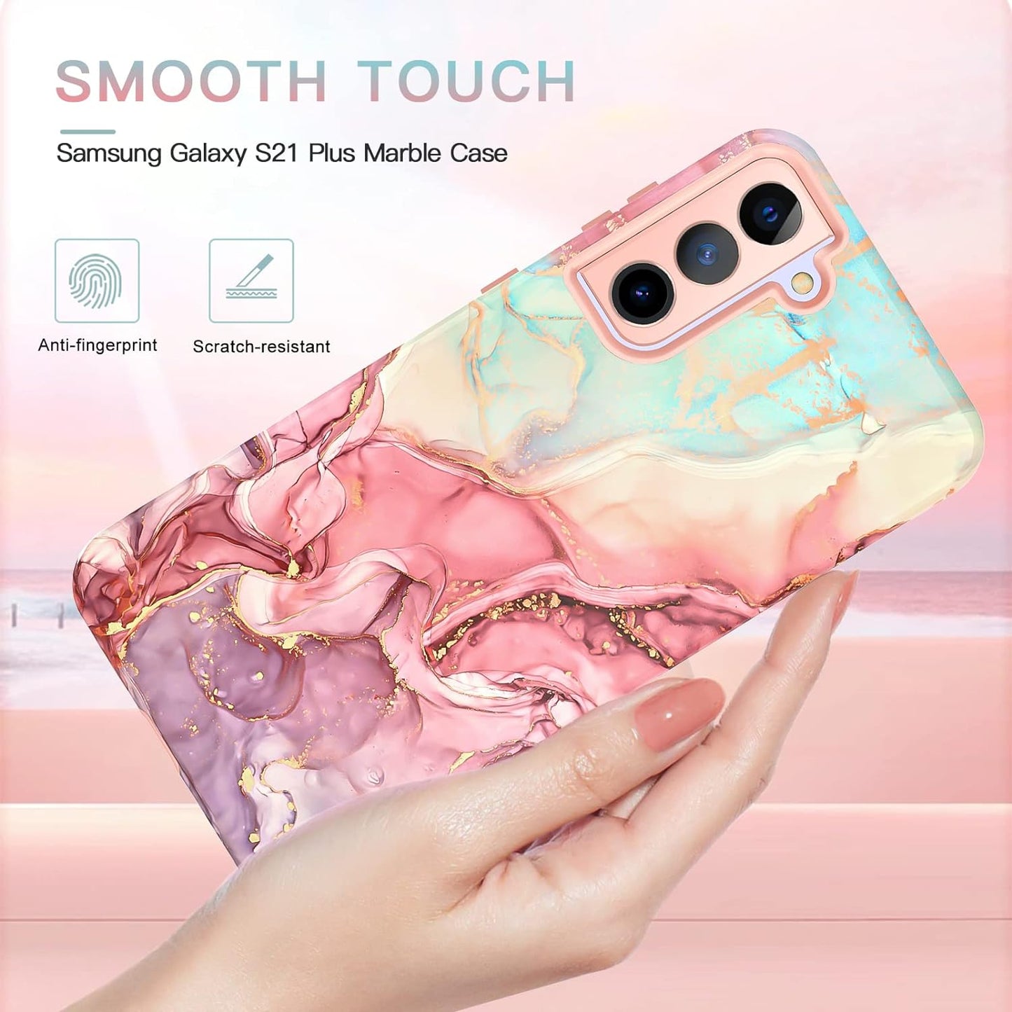 Galaxy S21 plus Case: Marble Pattern 3-In-1 Heavy Duty Shockproof with Rugged Hard PC & Soft Silicone, Rose Gold  Btscase   