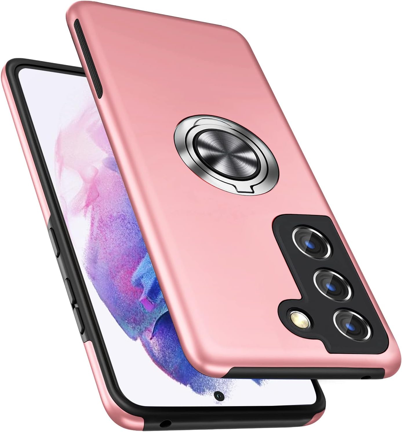PELEPUES Case for Samsung Galaxy S21 Plus/S21+ 5G, [Built-In Camera Cover] Military Shockproof Phone Case Cover with Embedded Metal Ring Stand Kickstand [Support Magnetic Car Holder] for S21+, Black  PELEPUES Pink  