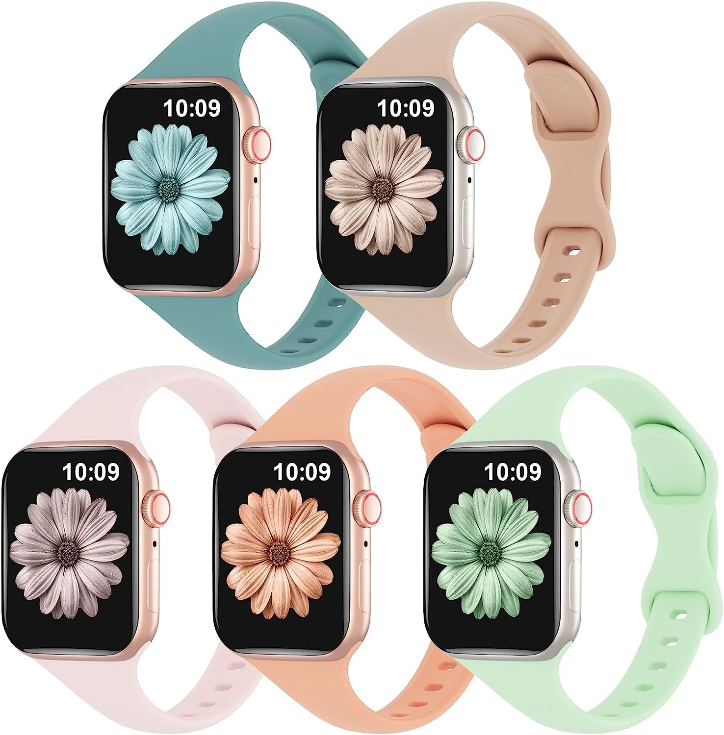 TSAAGAN 5 Pack Silicone Slim Bands Compatible with Apple Watch Band 38Mm 42Mm 40Mm 44Mm 41Mm 45Mm 49Mm, Soft Narrow Sport Strap Thin Wristband for Iwatch Ultra Series 8/7/SE/6/5/4/3/2/1 Women Men  TSAAGAN Milk Tea/Sand Pink/Cantaloupe/Pistachio/Cactus 38/40/41mm 