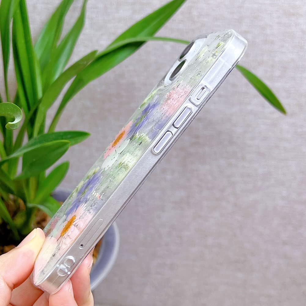 Abbery Designed for Iphone 13 Pressed Flower Case, Cute Clear with Design Soft Silicone Rubber Dried Real Flowers Floral Aesthetic Case for Iphone 13 6.1 Inch (Glitter Blue)  Abbery   