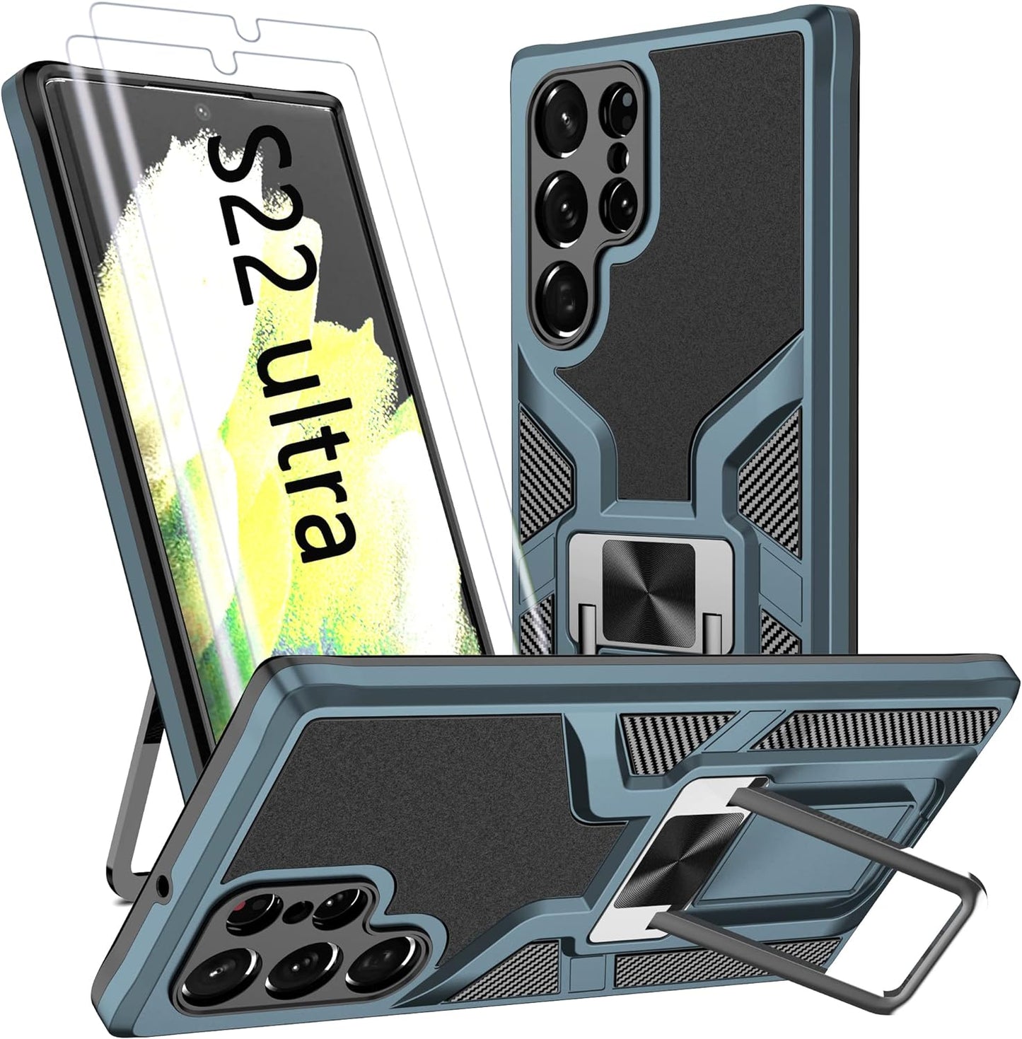 AKINIK for Samsung Galaxy S22 Ultra Case, S22 Ultra Case with Self Healing Flexible TPU Screen Protector [2 Pack], Military Grade with Kickstand Case for Galaxy S22 Ultra 5G-Red  AKINIK Cyan  