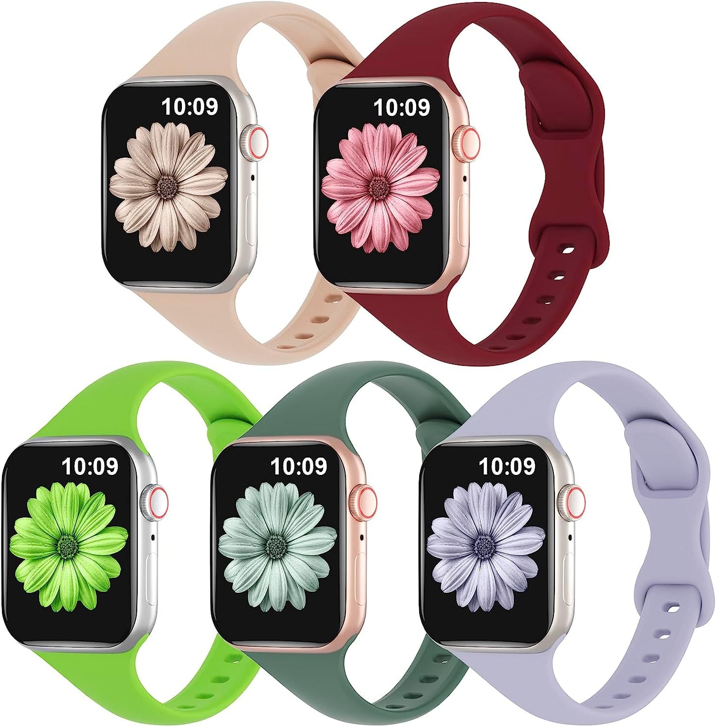 TSAAGAN 5 Pack Silicone Slim Bands Compatible with Apple Watch Band 38Mm 42Mm 40Mm 44Mm 41Mm 45Mm 49Mm, Soft Narrow Sport Strap Thin Wristband for Iwatch Ultra Series 8/7/SE/6/5/4/3/2/1 Women Men  TSAAGAN Milk Tea/Wine Red/Apple Green/Pine Green/Lavender Grey 38/40/41mm 