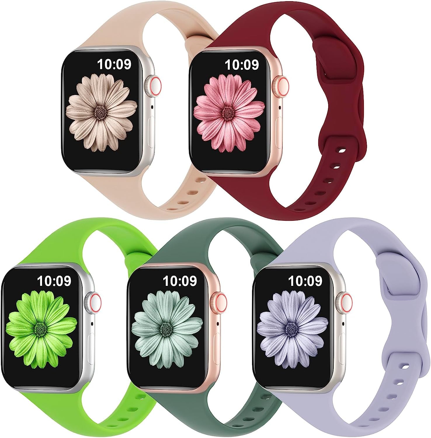 TSAAGAN 5 Pack Silicone Slim Bands Compatible with Apple Watch Band 38Mm 42Mm 40Mm 44Mm 41Mm 45Mm 49Mm, Soft Narrow Sport Strap Thin Wristband for Iwatch Ultra Series 8/7/SE/6/5/4/3/2/1 Women Men  TSAAGAN Milk Tea/Wine Red/Apple Green/Pine Green/Lavender Grey 38/40/41mm 