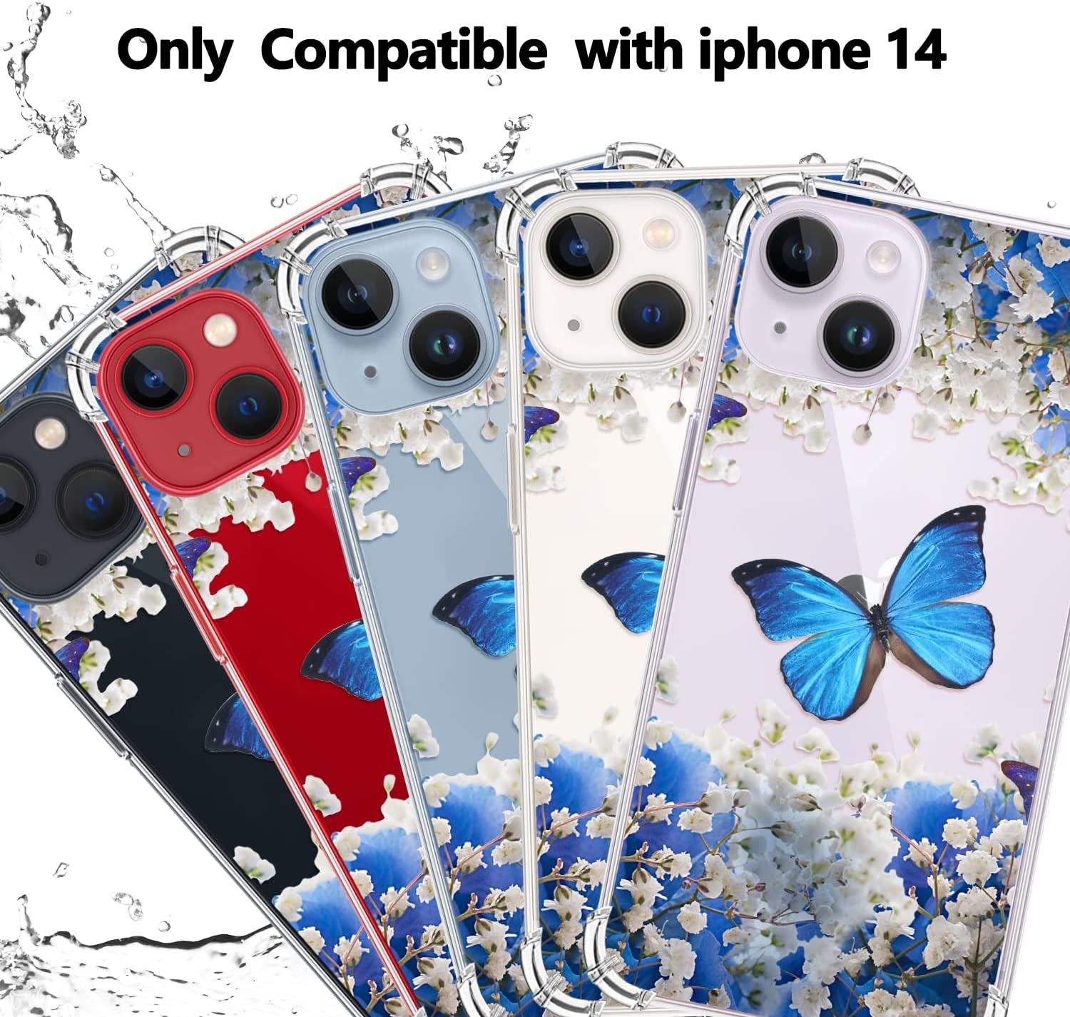YOYORI Compatible with Iphone 14 Case with Screen Protector, Flower Pattern Design, Floral Clear Women Phone Case Shockproof Protective Soft TPU Bumper Cover 6.1 Inch 2022 (Butterfly/Blue)  YOYORI   