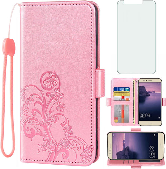 Asuwish Compatible with Huawei P10 Lite Wallet Case and Tempered Glass Screen Protector Flip Wrist Strap Credit Card Holder Cell Phone Cover for Hawaii P10Lite 10P P 10 10Lite 2017 Women Men Rose Gold  Asuwish   