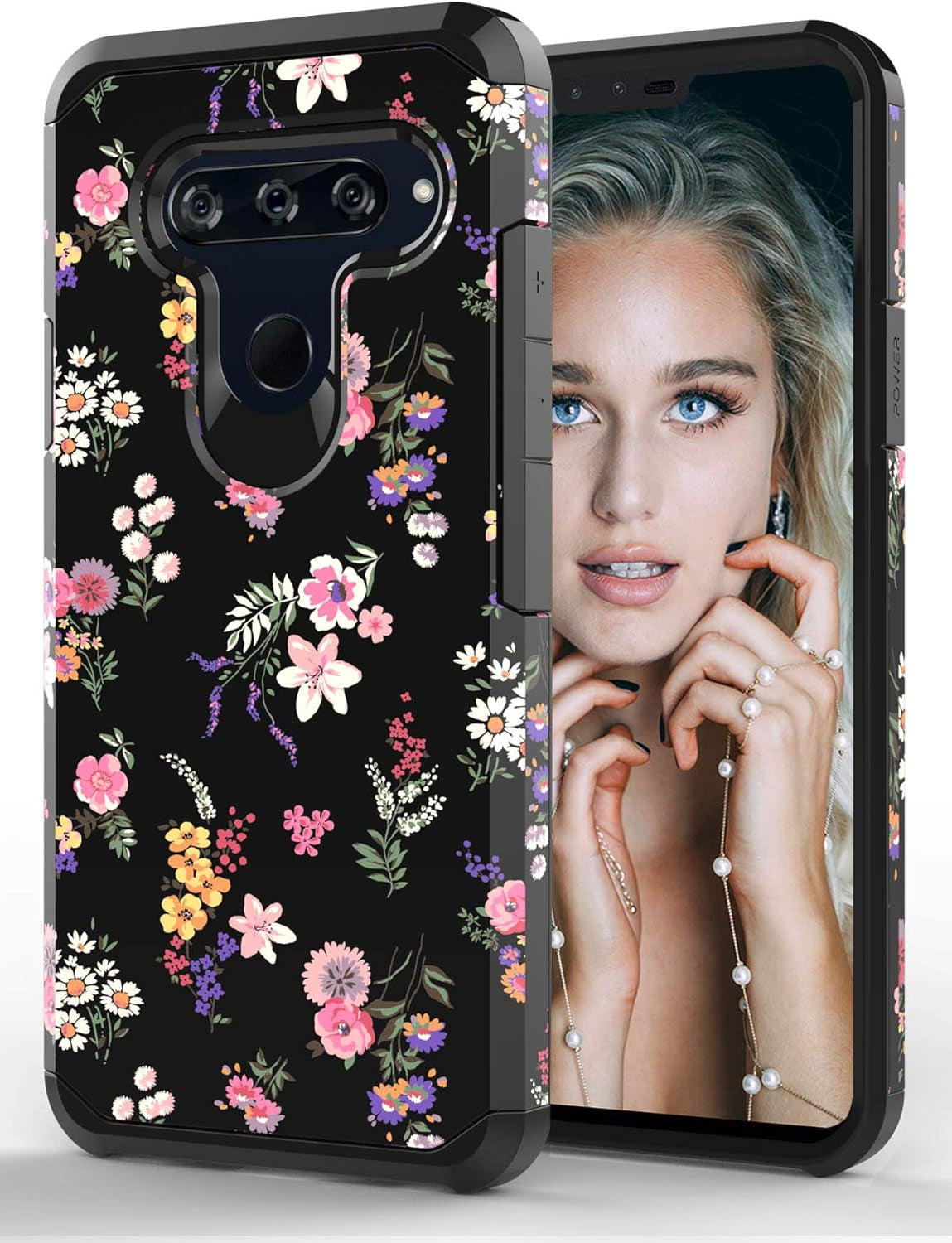 Shinymax Protective Phone Case for LG V40/LG V40 Thinq,Flowers Design Heavy Duty Hybrid Dual Layer Armor Cover Cute Flexible Sturdy Anti-Scratch Shockproof Bumper Case for Women and Girls-Floral/Black  ShinyMax   