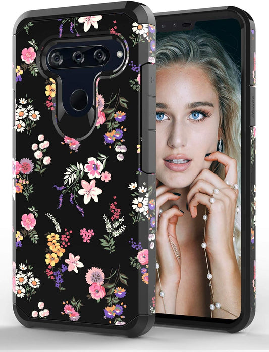 Shinymax Protective Phone Case for LG V40/LG V40 Thinq,Flowers Design Heavy Duty Hybrid Dual Layer Armor Cover Cute Flexible Sturdy Anti-Scratch Shockproof Bumper Case for Women and Girls-Floral/Black  ShinyMax   