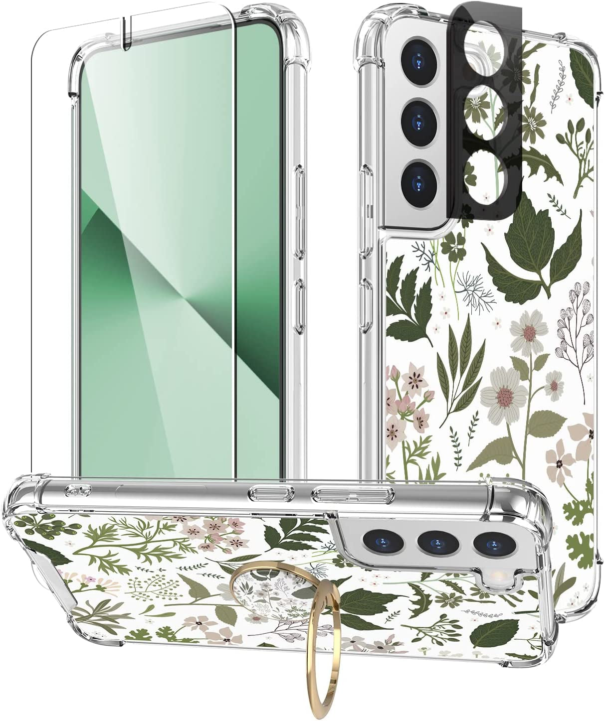 Cutebe Cute Clear Case for Samsung Galaxy S22 6.1 Inch 2022 Released, Shockproof Series Protective Cover with Screen Protector and Camera Lens Protector for Women, Girls  Cutebe Green And White Plant Ring Holder Stand  