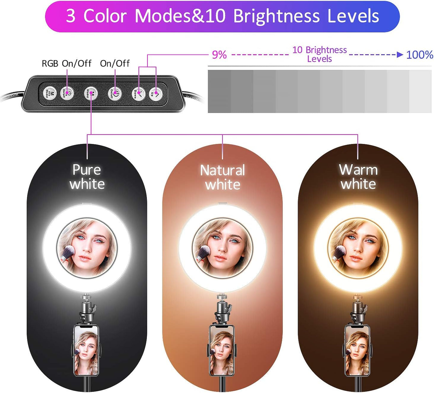 RGB Ring Light,Selfie Ring Light with Tripod Stand/Phone Holder/Hd Mirror, Dimmable LED Ring Light with USB for Make-Up,Youtube Video,Photography,Tiktok,Compatible with Iphone Android  GLANDU   