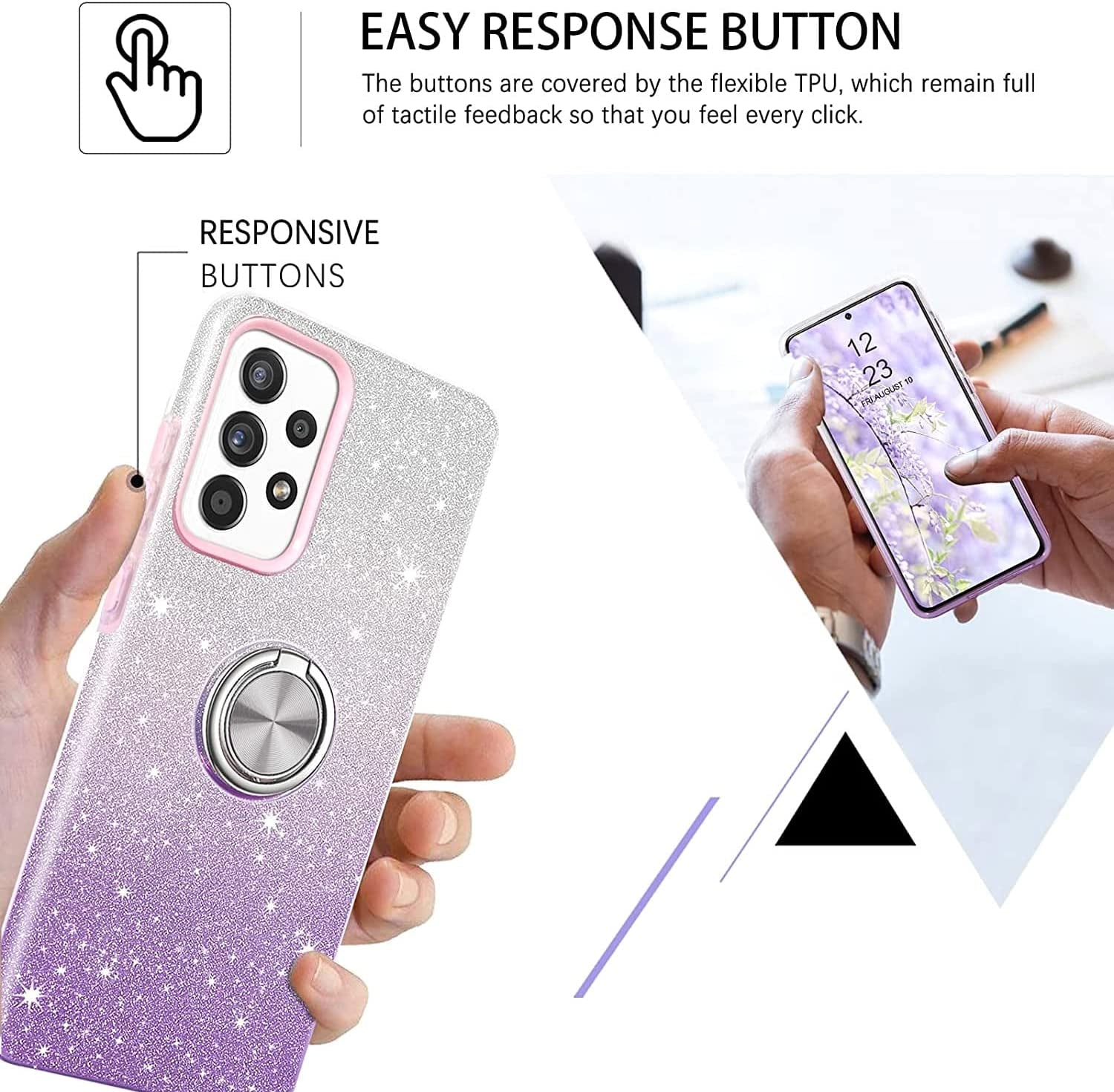 TJS Compatible with Samsung Galaxy A53 5G Case, with Tempered Glass Screen Protector, Metal Ring Magnetic Support Kickstand Tone Shinny Glitter Girls Women Protector Phone Case (Purple)  TJS   
