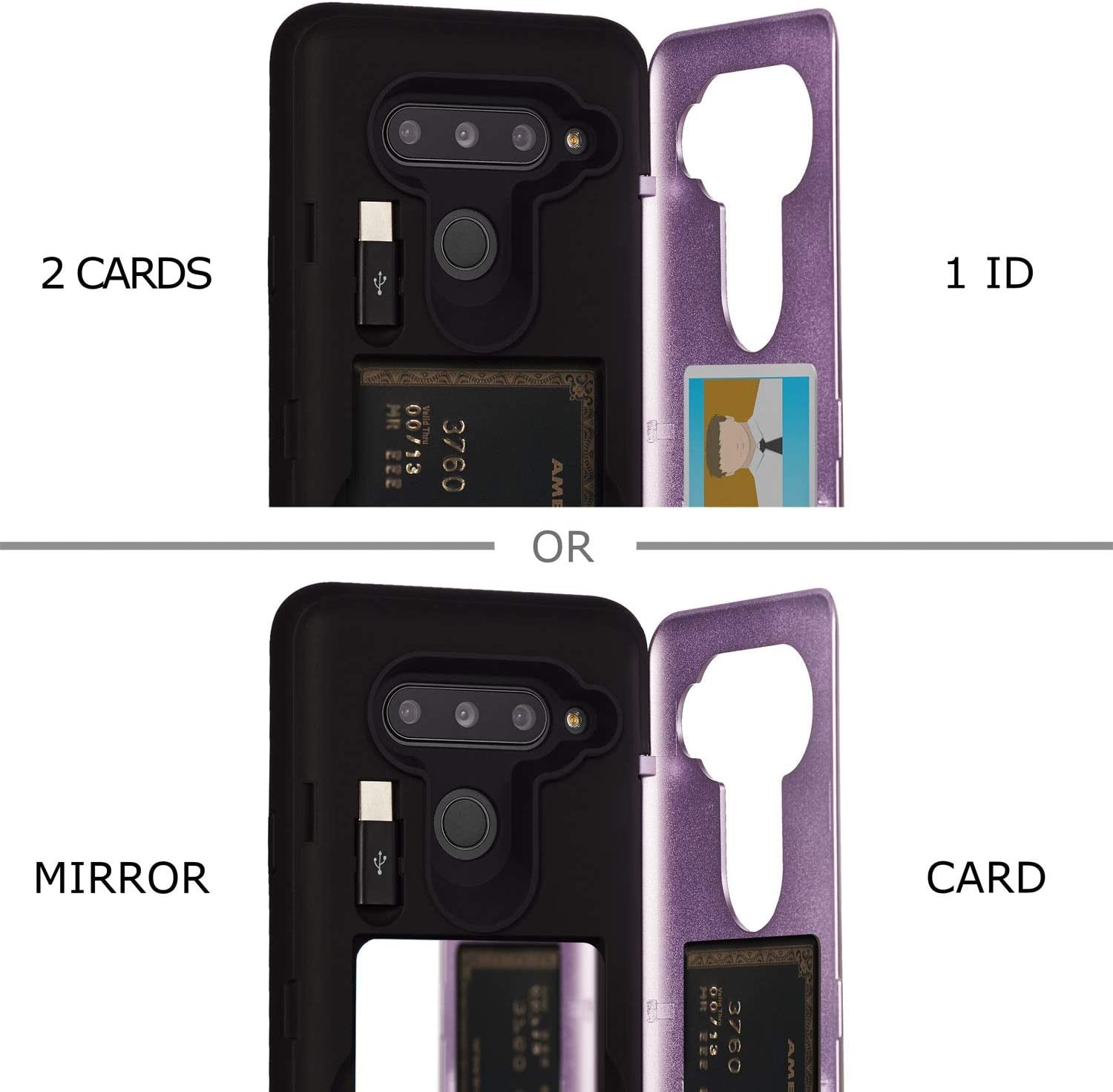 TORU CX PRO Case for LG V40 Thinq, with Card Holder | Slim Protective Cover with Hidden Credit Cards Wallet Flip Slot Compartment Kickstand | Include Mirror, Strap, USB Adapter - Purple  iMODE   