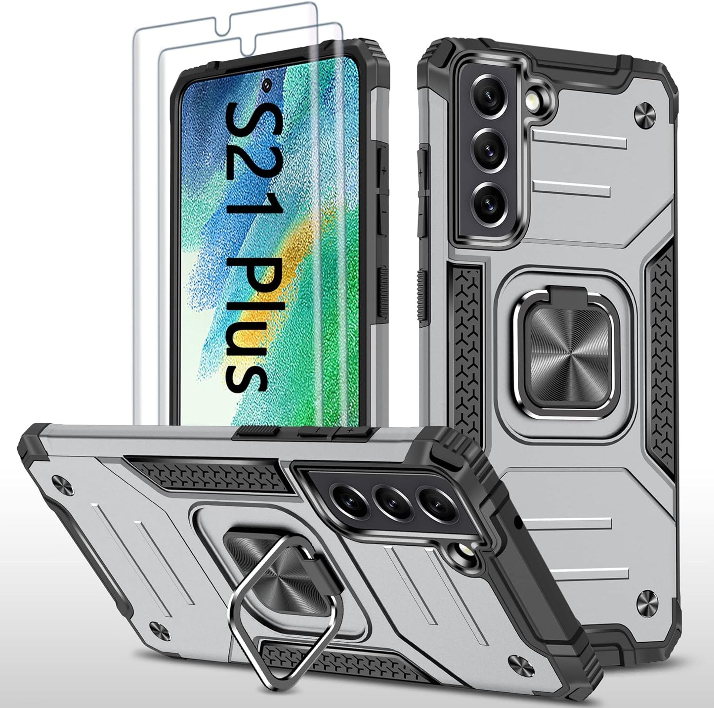 AYMECL for Samsung Galaxy S21 plus Case, S21 plus Case with Self Healing Flexible TPU Screen Protector[2 Pack], Military Grade Dual-Layer Heavy Duty Protection Case for Galaxy S21 plus 5G-Black  AYMECL Silver  