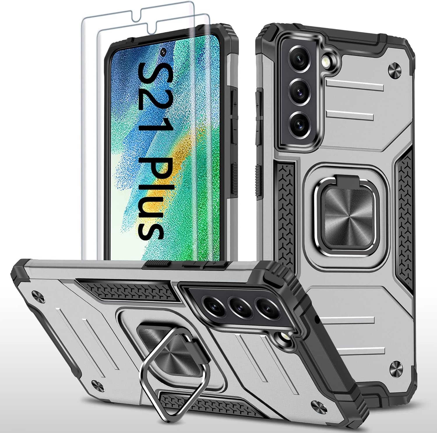 AYMECL for Samsung Galaxy S21 plus Case, S21 plus Case with Self Healing Flexible TPU Screen Protector[2 Pack], Military Grade Dual-Layer Heavy Duty Protection Case for Galaxy S21 plus 5G-Black  AYMECL Silver  