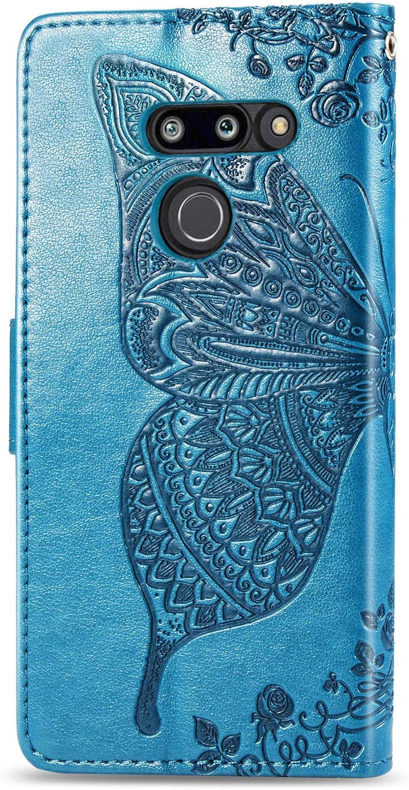 Case for LG G8 Thinq Cover,Embossing Mandala Butterfly Rose Vine Flip Folio Wallet Case PU Leather Stand Card Slots Protective Case Cover + Dust Plug Stylus for LG G8 Thinq Wallet Case,Blue  ikasus   