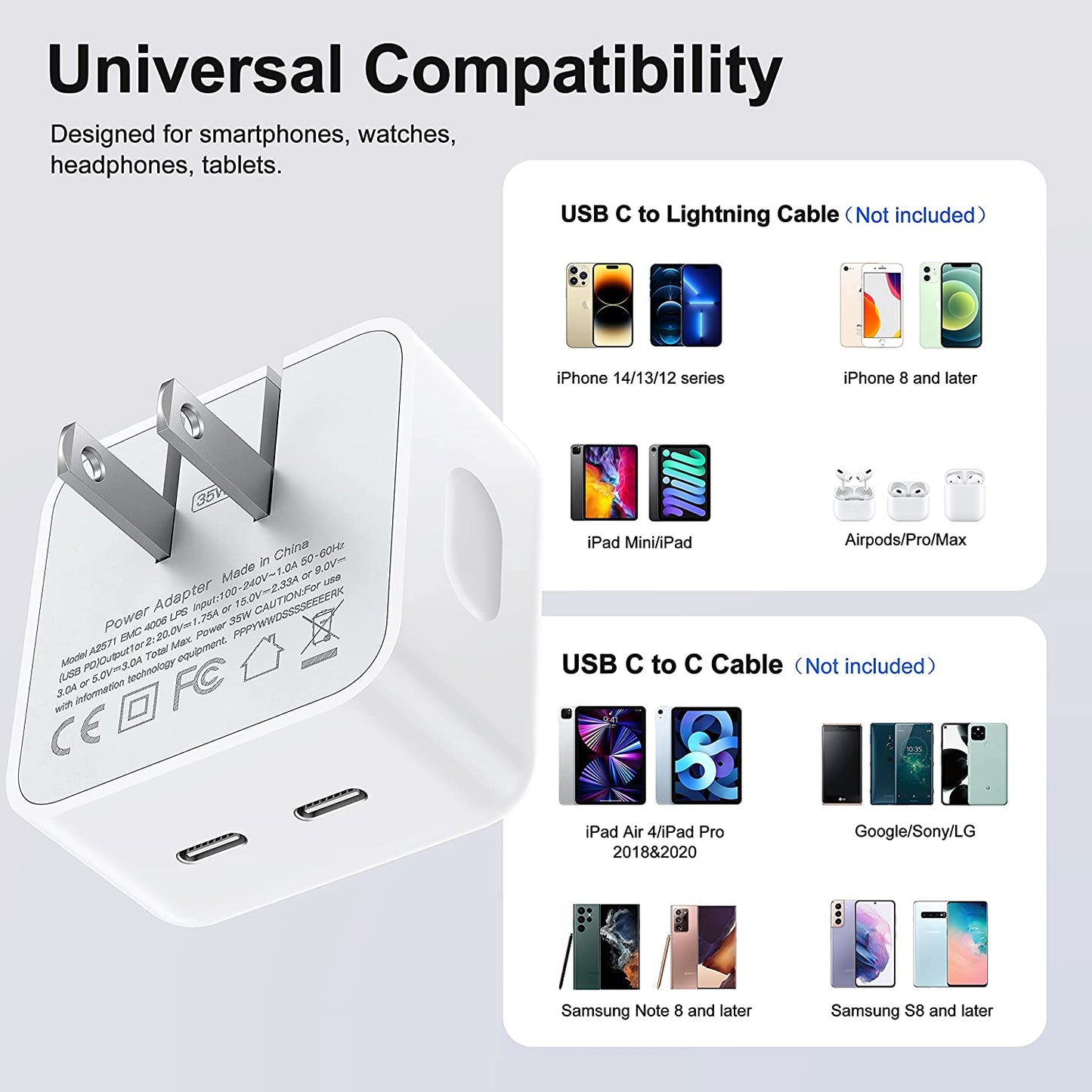 【2023 New】 35W Dual USB-C Port Compact Power Adapter [Mfi Certified] PD 3.0 Gan Foldable USB Type C Plug Fast Wall Charger Block for Iphone 13 12 11 14 Pro Max plus Mini, Ipad, Airpods, Macbook Air  Shenzhen Hua Nan Tong Electronic Technology Co.,Ltd.   