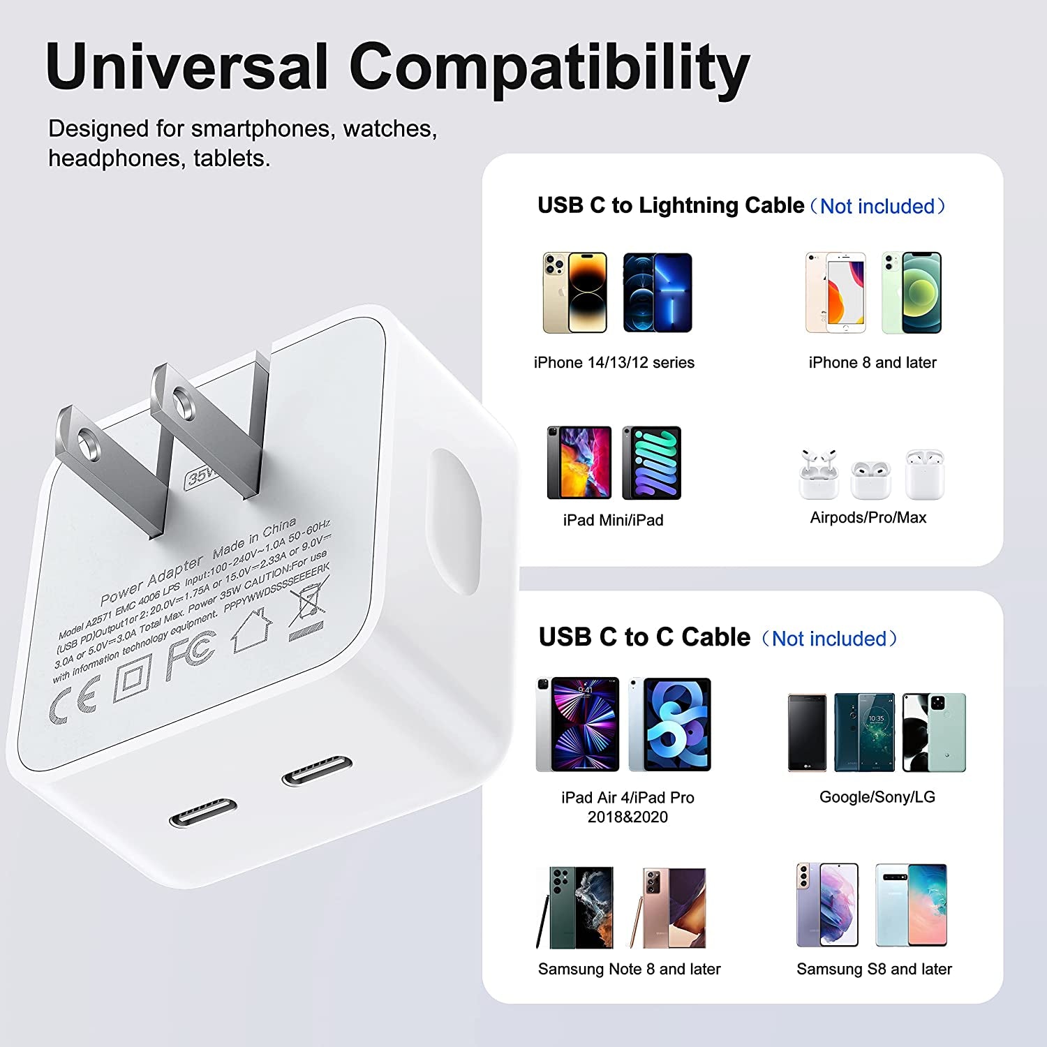 【2023 New】 35W Dual USB-C Port Compact Power Adapter [Mfi Certified] PD 3.0 Gan Foldable USB Type C Plug Fast Wall Charger Block for Iphone 13 12 11 14 Pro Max plus Mini, Ipad, Airpods, Macbook Air  Shenzhen Hua Nan Tong Electronic Technology Co.,Ltd.   
