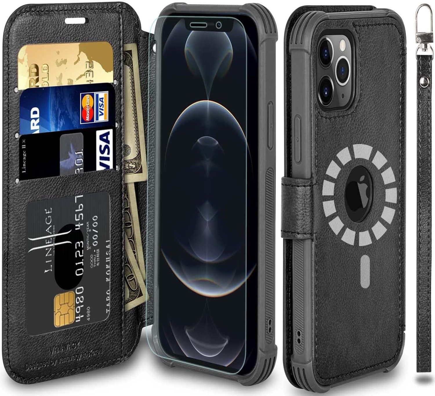 VANAVAGY Iphone 13 Pro Wallet Case Magsafe,Leather Flip Folio Phone Cover Supports Magsafe and Wireless Charging with RFID Block Card Holder and Wrist Strap,Rosegold  VANAVAGY Black(Not for iPhone 13 Pro Max or iPhone 13)  