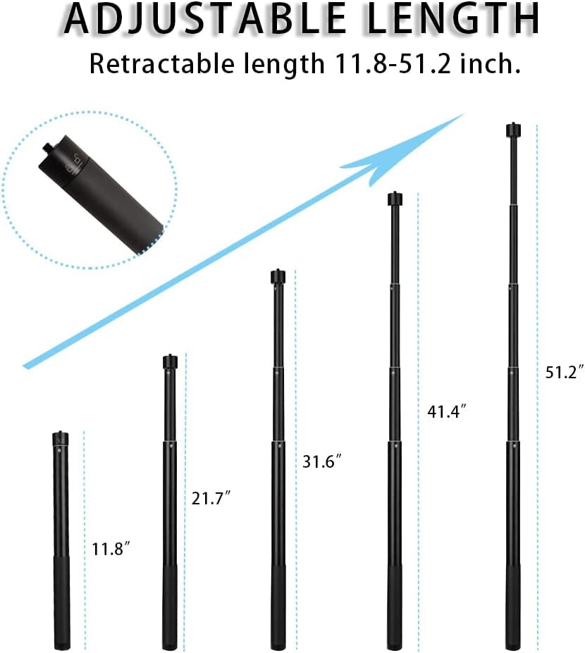 VVHOOY Invisible Selfie Stick Extendable Adjustable Handheld Aluminum Monopod 11.8-51.2 Inch 1/4 Inch Screw Compatible with AKASO Ek7000/Brave 4/Brave 7 Le/Gopro 11 10 9 8/Insta360/Osmo Action Camera  VVHOOY   