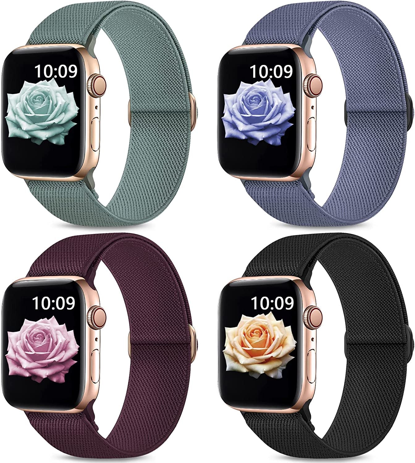 Stretchy Nylon Bands Compatible with Apple Watch Band 38Mm 40Mm 41Mm 42Mm 44Mm 45Mm 49Mm for Women Men, Elastic Solo Loop Adjustable Sport Braided Strap for Iwatch Series 8 7 SE 6 5 4 3 2 1,4 Packs  Sunnywoo A:Black/Cactus/Cherry Dark/Blue Gray 42/44/45/49mm 
