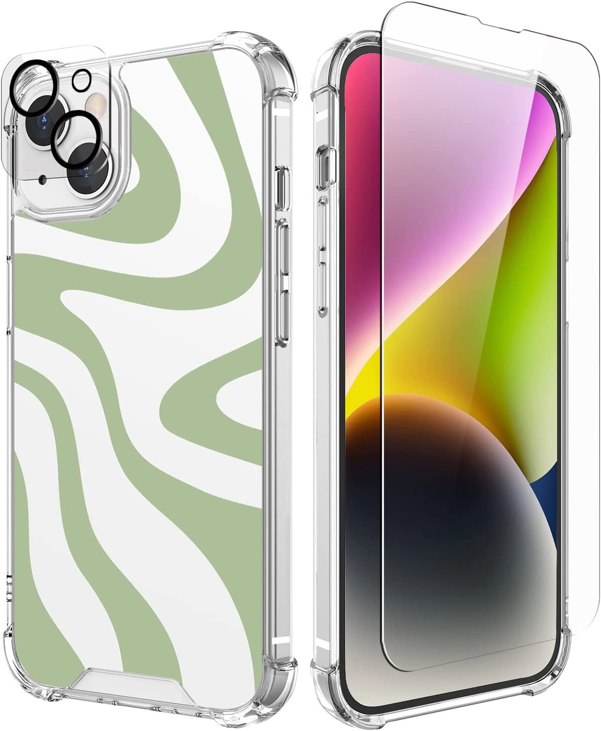 Cutebe [3 in 1 Crystal Phone Case for Iphone 13(2021)/Iphone 14(2022) 6.1", Cute Protective Cover with 9H Temper Glass Screen Protector + HD Temper Camera Lens Protector for Women, Girls  Cutebe iPhone 13/14-Twisted Line iPhone 13/14 Case 6.1 Inch 