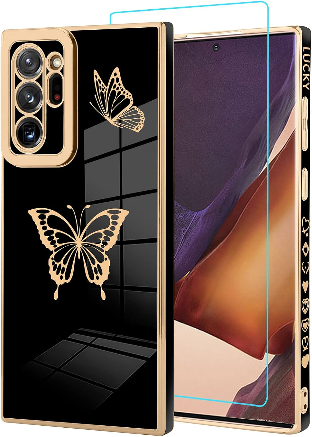 Jefonha for Samsung Galaxy Note 20 Ultra 6.9 Inch Plating Cute Butterflies Cover with Screen Protector Cute Side Pattern Soft TPU Shockproof Full Camera Lens Protection Electroplated Case - Black  Jefonha   