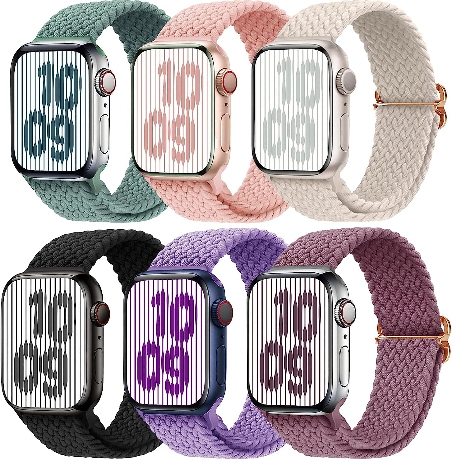 Brigtlaiff Braided Solo Loop Compatible with Apple Watch Band 38Mm 40Mm 41Mm 42Mm 44Mm 45Mm 49Mm Women Men, Adjustable Stretchy Nylon Wristband Strap for Iwatch Series 8 7 6 5 4 3 2 1 SE Ultra, 6Pack  Brigtlaiff Black/Starlight/Smoke Violet/Cactus/Pink Sand/Lavender 42mm 44mm 45mm 49mm 