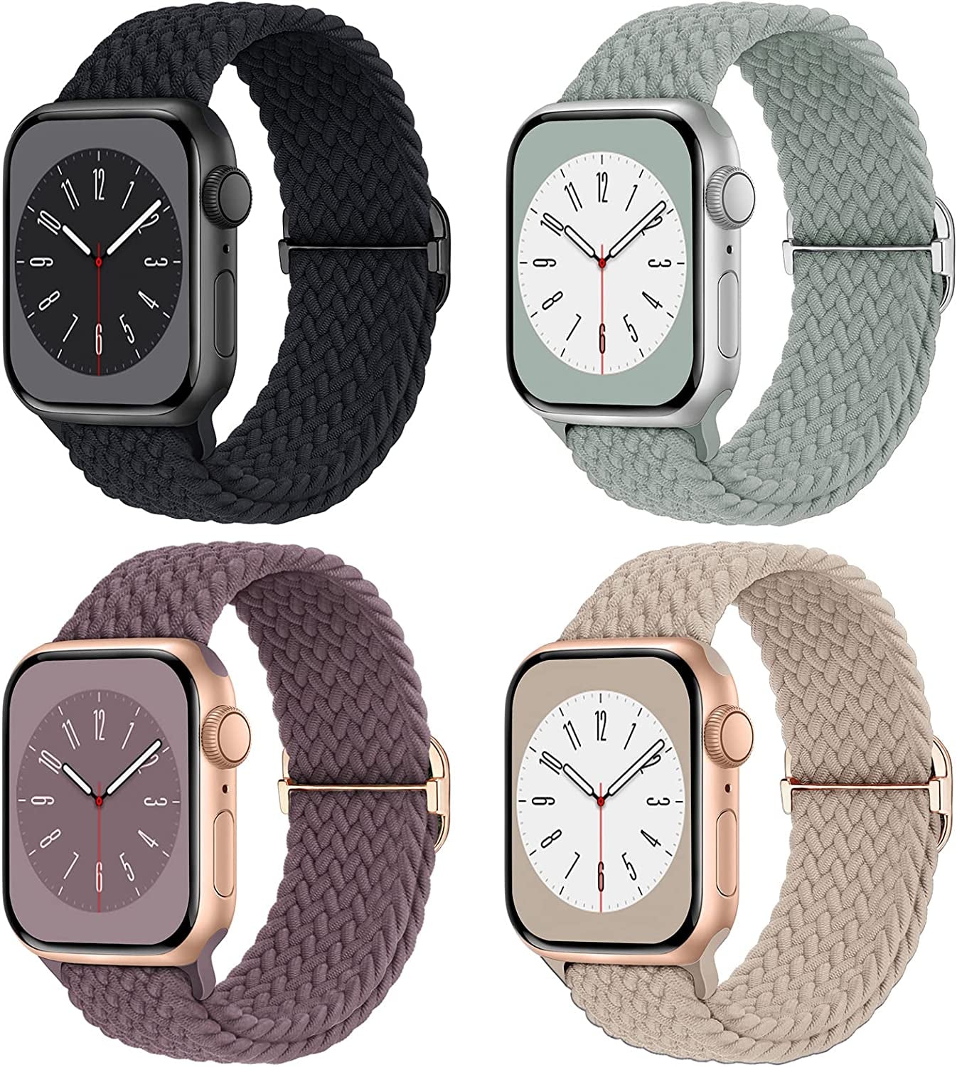 Braided Solo Loop Compatible with Apple Watch Band 38Mm 40Mm 41Mm 42Mm 44Mm 45Mm 49Mm for Women Men, Stretchy Straps Elastic Sport Wristbands for Iwatch Series 8 7 6 5 4 3 2 1 SE Ultra, 4 Packs  Butifacion Violet Smoke/Milk Tea/Light Green/Black 42/44/45/49mm 