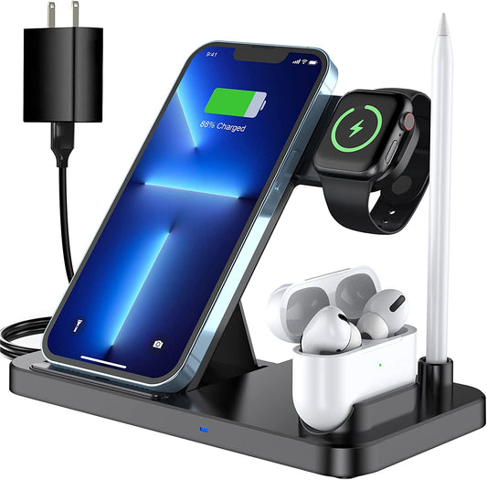 Wireless Charger, CANUVU 4 in 1 Foldable Fast Charging Station Compatible Iwatch & Airpods & Apple Pencil, Iphone 14/13/12/11Series(Pro & Pro Max)/X/Xs/Xs/8, Android Phone(With QC3.0 Adapter)  CANUVU   