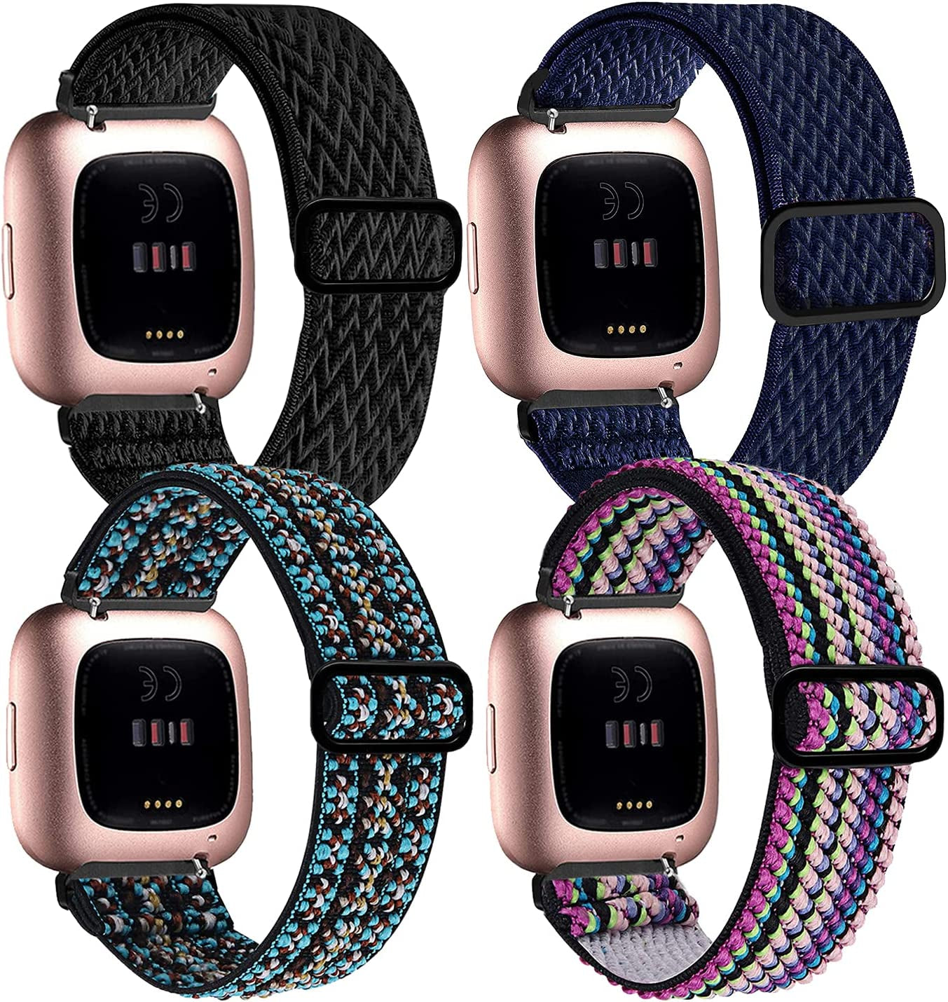 4 Pack Stretchy Bands Compatible with Fitbit Versa/Fitbit Versa Lite/Fitbit 2 Women Men, Adjustable Elastic Soft Loop Nylon Breathable Replacement Straps for Smartwatch Wristband  POHNUI Colorful+Posey Green+Black+Blue  