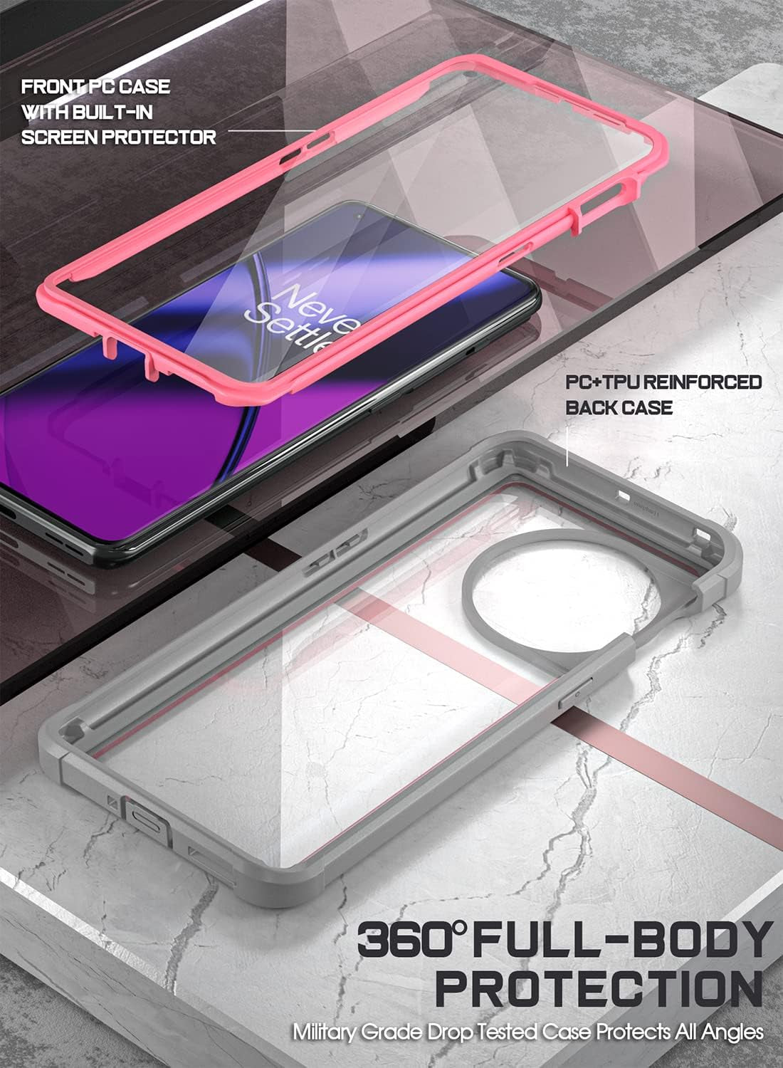 Poetic Guardian Case for Oneplus 11 5G 6.7" (2023) [20 FT Mil-Grade Drop Tested], Full-Body Hybrid Shockproof Bumper Cover with Built-In Screen Protector, Pink/Clear  Poetic   