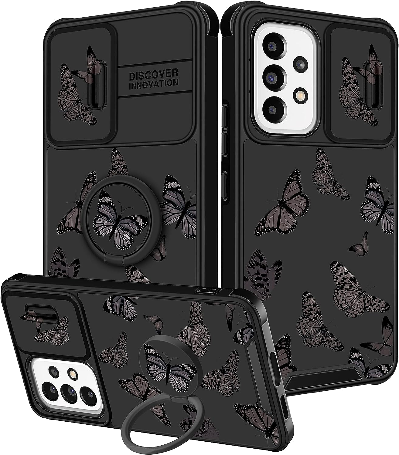 Funermei (2In1 for Samsung Galaxy A53 5G Phone Case for Women Cute Girls Cover Butterfly Girly Kawaii Aesthetic Butterfly Design with Camera Cover and Ring Stand Funda for Samsung A53 5G Case  Funermei 1-For A53 5G-Black Butterfly  