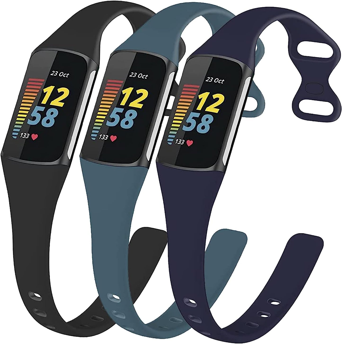 3 Pack Bands for Fitbit Charge 5，Soft Silicone Adjustable Sport Band Replacement Wristbands for Fitbit Charge 5 Fitness Tracker  SENGKOB Black+dark blue+rock blue  